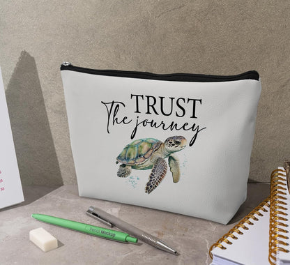 Sea Turtle Gifts for Women Girls,Makeup Bag Gifts Forsummer Beach Turtle Lovers,Trust the Journey Beach Leather Travel Makeup Pouch,Travel Organizer Pouch Small Makeup Bag for Purse